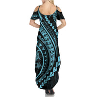 Hawaii Family Matching Outfits - Polynesian Pride Summer Maxi Dress and Shirt Turtle Hibiscus Luxury Style Aquamarine LT7 - Polynesian Pride
