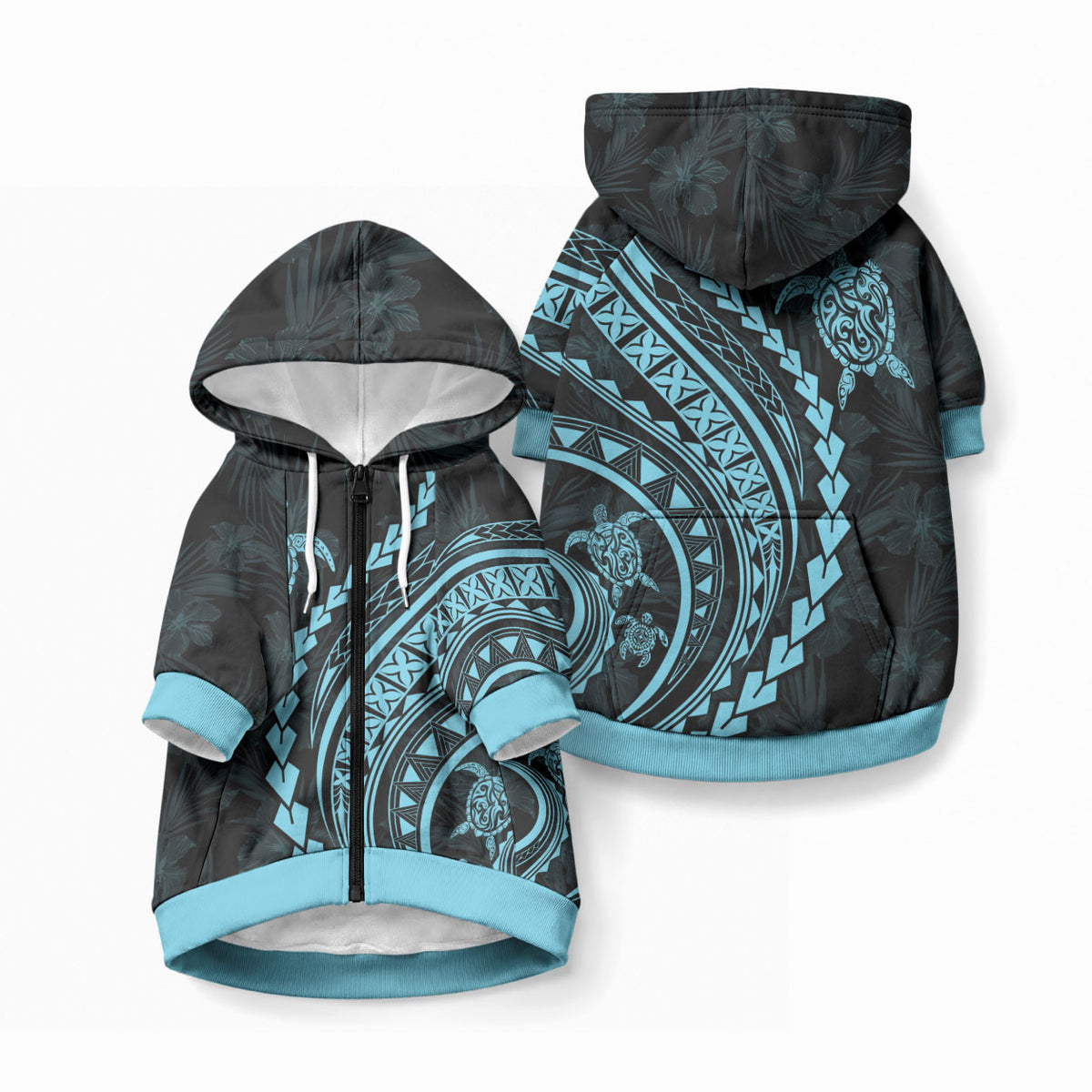 Polynesian Pride Pet Hoodie Turtle Hibiscus Luxury Style - Aquamarine LT7 Zip-up Aquamarine - Polynesian Pride