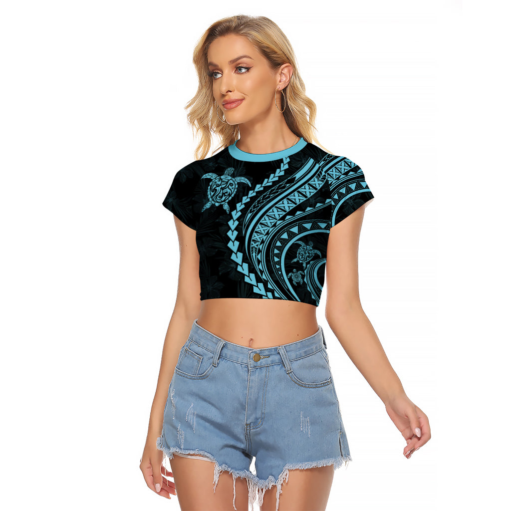 Polynesian Pride Raglan Cropped T Shirt Turtle Hibiscus Luxury Style - Aquamarine LT7 Female Aquamarine - Polynesian Pride