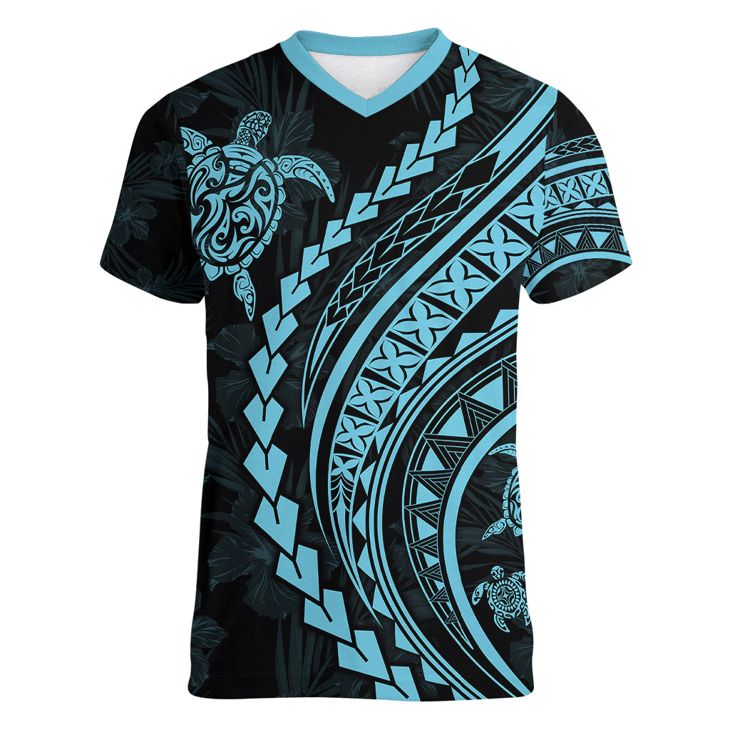 Polynesian Pride Women V Neck T Shirt Turtle Hibiscus Luxury Style - Aquamarine LT7 Female Aquamarine - Polynesian Pride