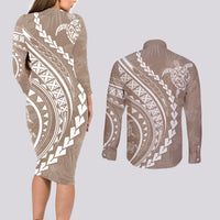 Polynesian Pride Couples Matching Long Sleeve Bodycon Dress and Long Sleeve Button Shirts Turtle Hibiscus Luxury Style - Beige LT7 - Polynesian Pride