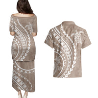Polynesian Pride Couples Matching Puletasi Dress and Hawaiian Shirt Turtle Hibiscus Luxury Style - Beige LT7 - Polynesian Pride
