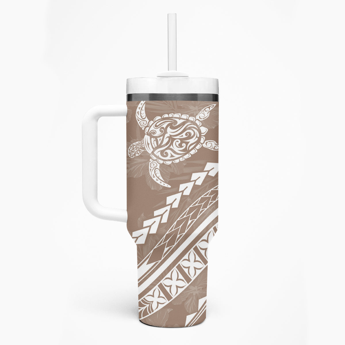 Polynesian Pride Tumbler With Handle Turtle Hibiscus Luxury Style - Beige