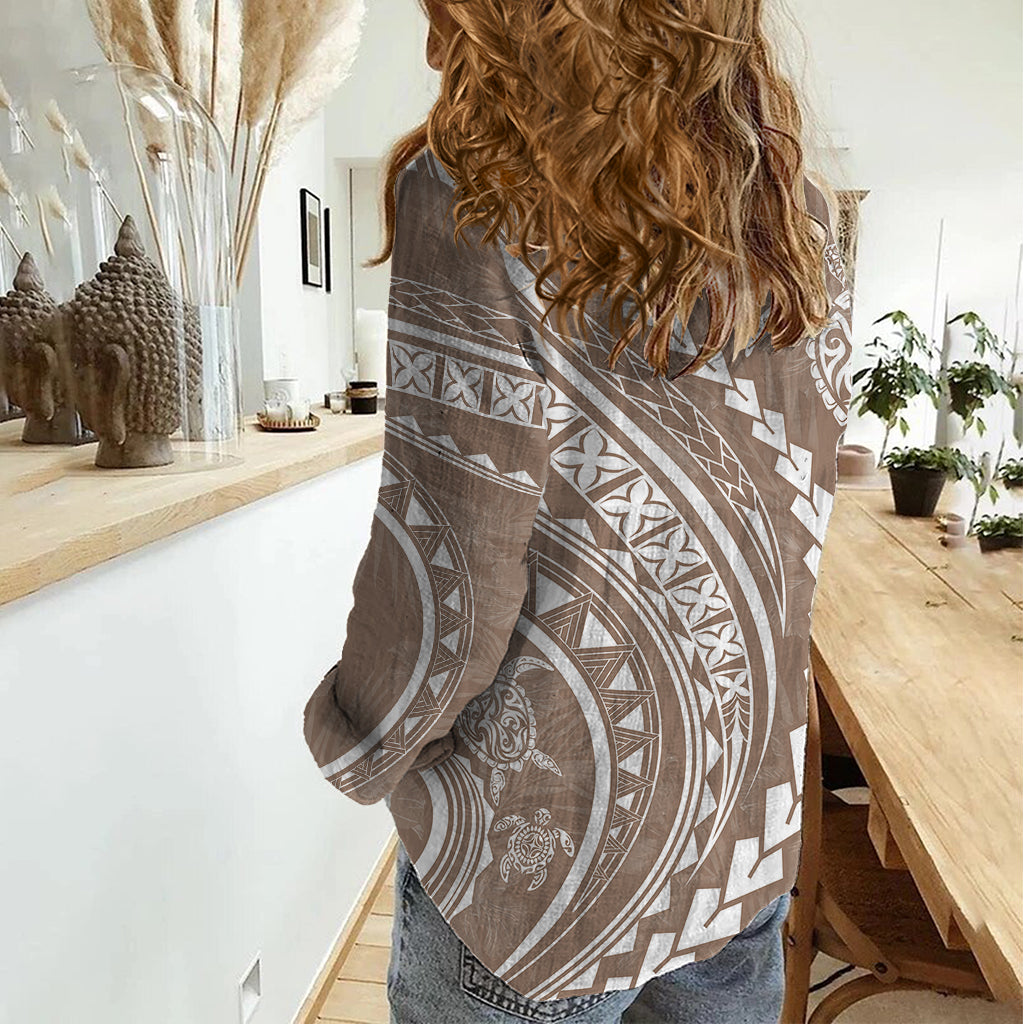 Polynesian Pride Women Casual Shirt Turtle Hibiscus Luxury Style - Beige LT7 - Polynesian Pride