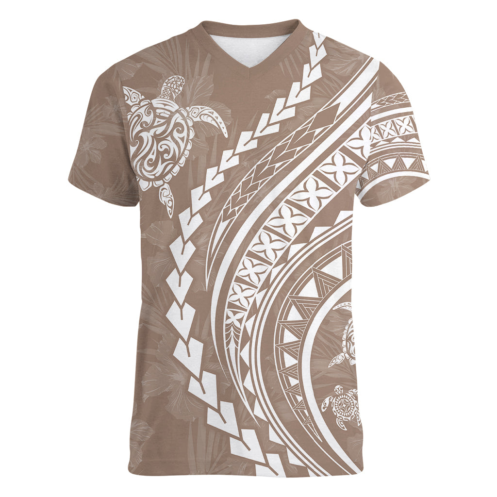 Polynesian Pride Women V Neck T Shirt Turtle Hibiscus Luxury Style - Beige LT7 Female Beige - Polynesian Pride