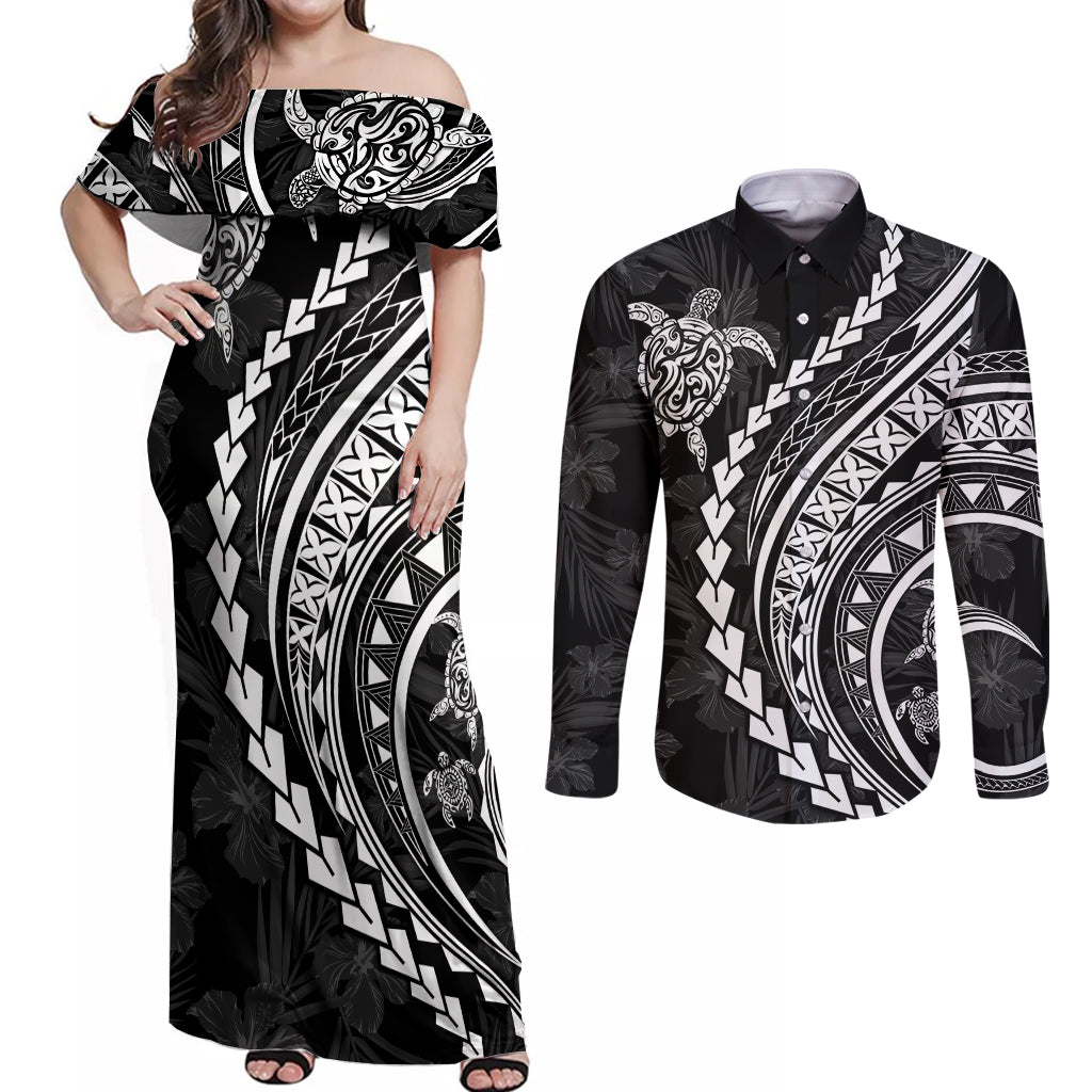 Polynesian Pride Couples Matching Off Shoulder Maxi Dress and Long Sleeve Button Shirts Turtle Hibiscus Luxury Style - Black LT7 Black - Polynesian Pride