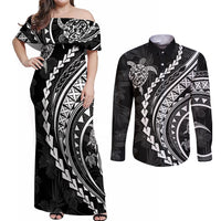 Polynesian Pride Couples Matching Off Shoulder Maxi Dress and Long Sleeve Button Shirts Turtle Hibiscus Luxury Style - Black LT7 Black - Polynesian Pride