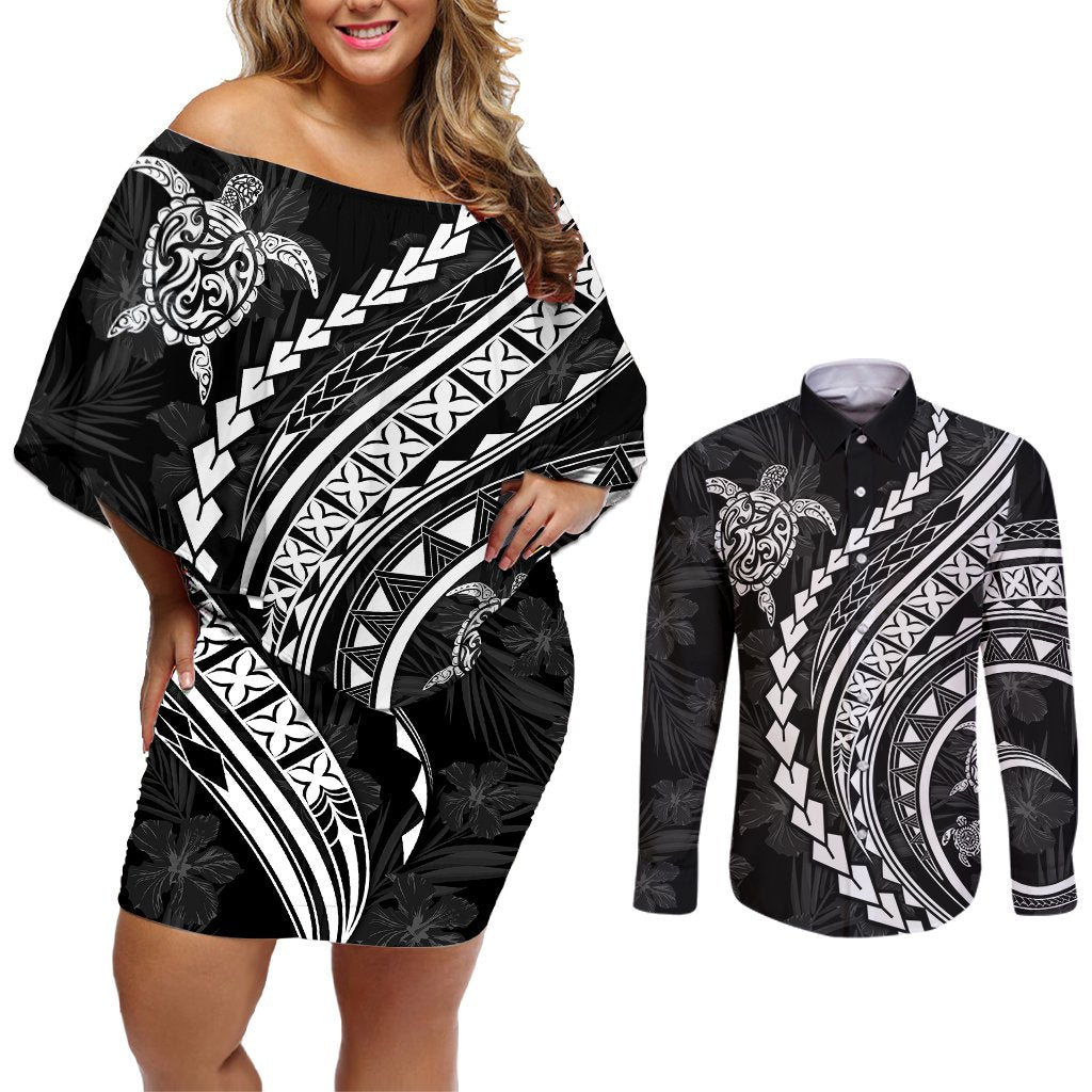 Polynesian Pride Couples Matching Off Shoulder Short Dress and Long Sleeve Button Shirts Turtle Hibiscus Luxury Style - Black LT7 Black - Polynesian Pride