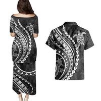 Polynesian Pride Couples Matching Puletasi Dress and Hawaiian Shirt Turtle Hibiscus Luxury Style - Black LT7 - Polynesian Pride