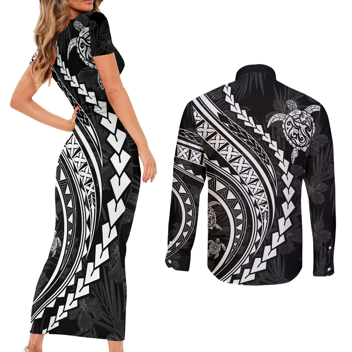 Polynesian Pride Couples Matching Short Sleeve Bodycon Dress and Long Sleeve Button Shirts Turtle Hibiscus Luxury Style - Black LT7 - Polynesian Pride