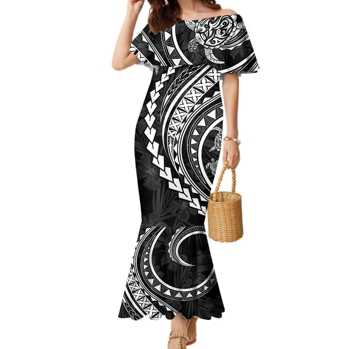 Polynesian Pride Mermaid Dress Turtle Hibiscus Luxury Style - Black LT7 Women Black - Polynesian Pride