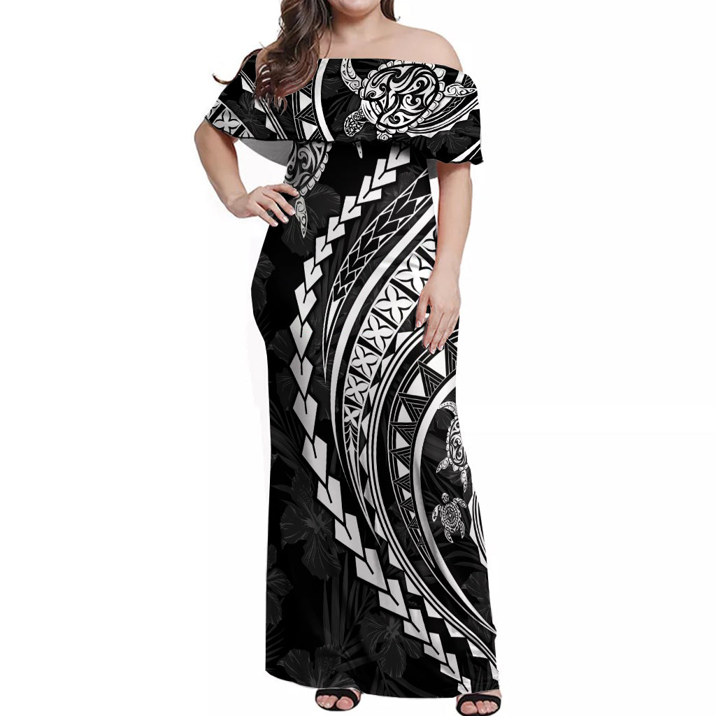 Polynesian Pride Off Shoulder Maxi Dress Turtle Hibiscus Luxury Style - Black LT7 Women Black - Polynesian Pride