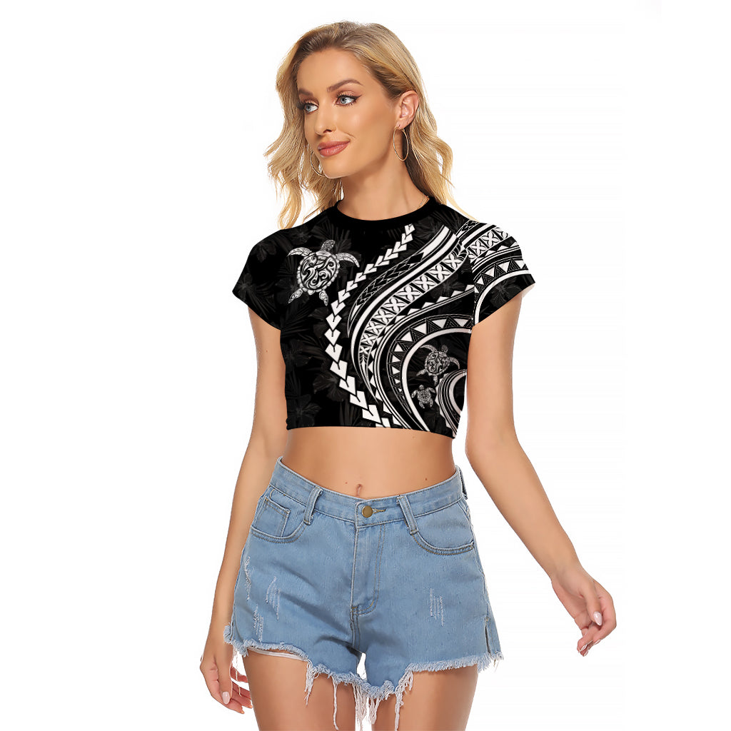 Polynesian Pride Raglan Cropped T Shirt Turtle Hibiscus Luxury Style - Black LT7 Female Black - Polynesian Pride
