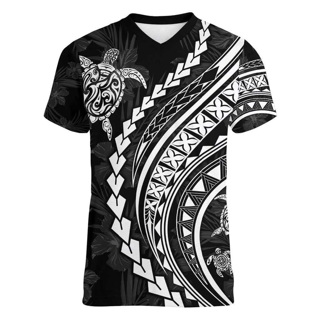 Polynesian Pride Women V Neck T Shirt Turtle Hibiscus Luxury Style - Black LT7 Female Black - Polynesian Pride
