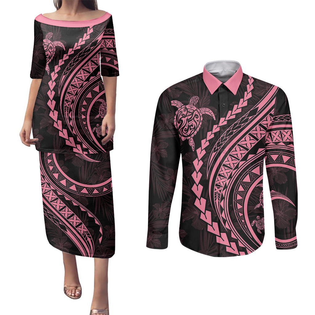 Polynesian Pride Couples Matching Puletasi Dress and Long Sleeve Button Shirts Turtle Hibiscus Luxury Style - Carnation Pink LT7 Carnation Pink - Polynesian Pride