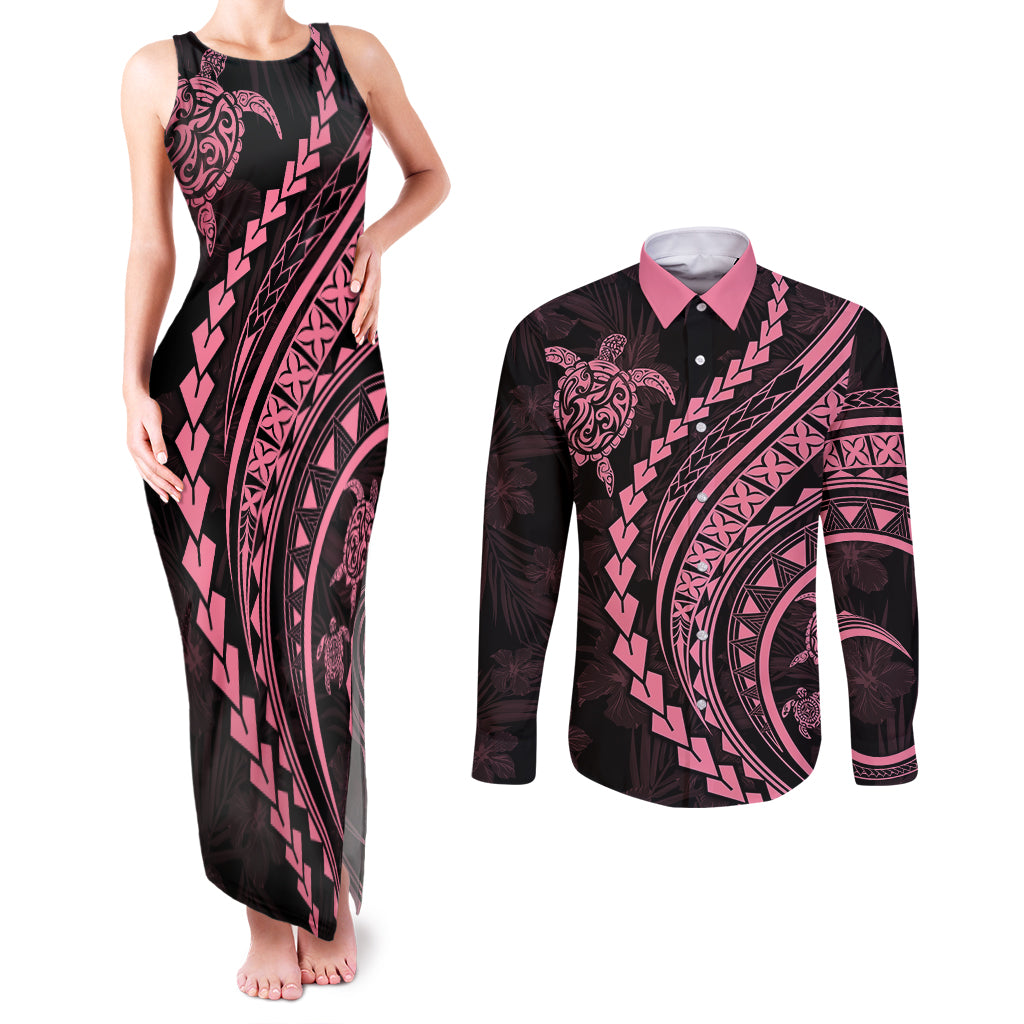 Polynesian Pride Couples Matching Tank Maxi Dress and Long Sleeve Button Shirts Turtle Hibiscus Luxury Style - Carnation Pink LT7 Carnation Pink - Polynesian Pride