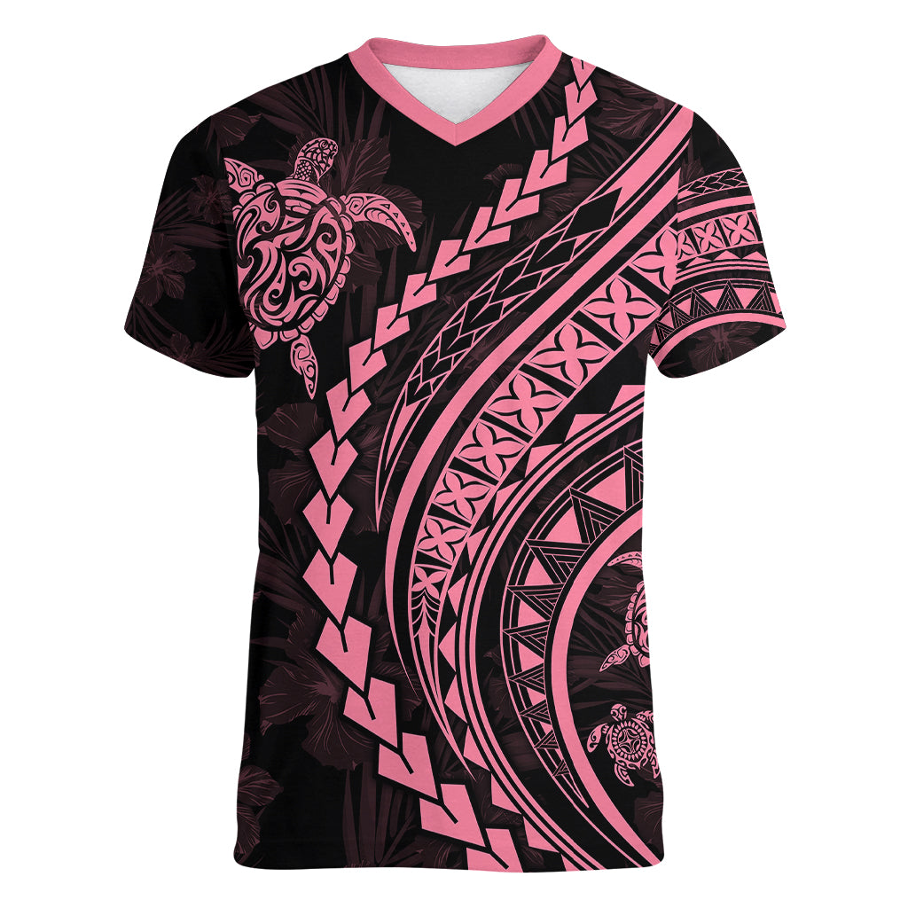 Polynesian Pride Women V Neck T Shirt Turtle Hibiscus Luxury Style - Carnation Pink LT7 Female Carnation Pink - Polynesian Pride