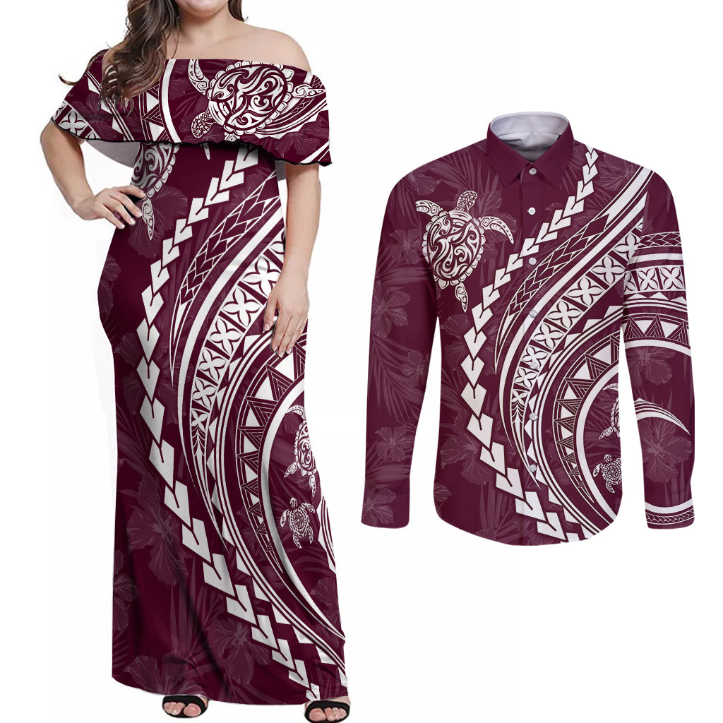 Polynesian Pride Couples Matching Off Shoulder Maxi Dress and Long Sleeve Button Shirts Turtle Hibiscus Luxury Style - Champagne LT7 Champagne - Polynesian Pride