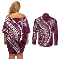 Polynesian Pride Couples Matching Off Shoulder Short Dress and Long Sleeve Button Shirts Turtle Hibiscus Luxury Style - Champagne LT7 - Polynesian Pride