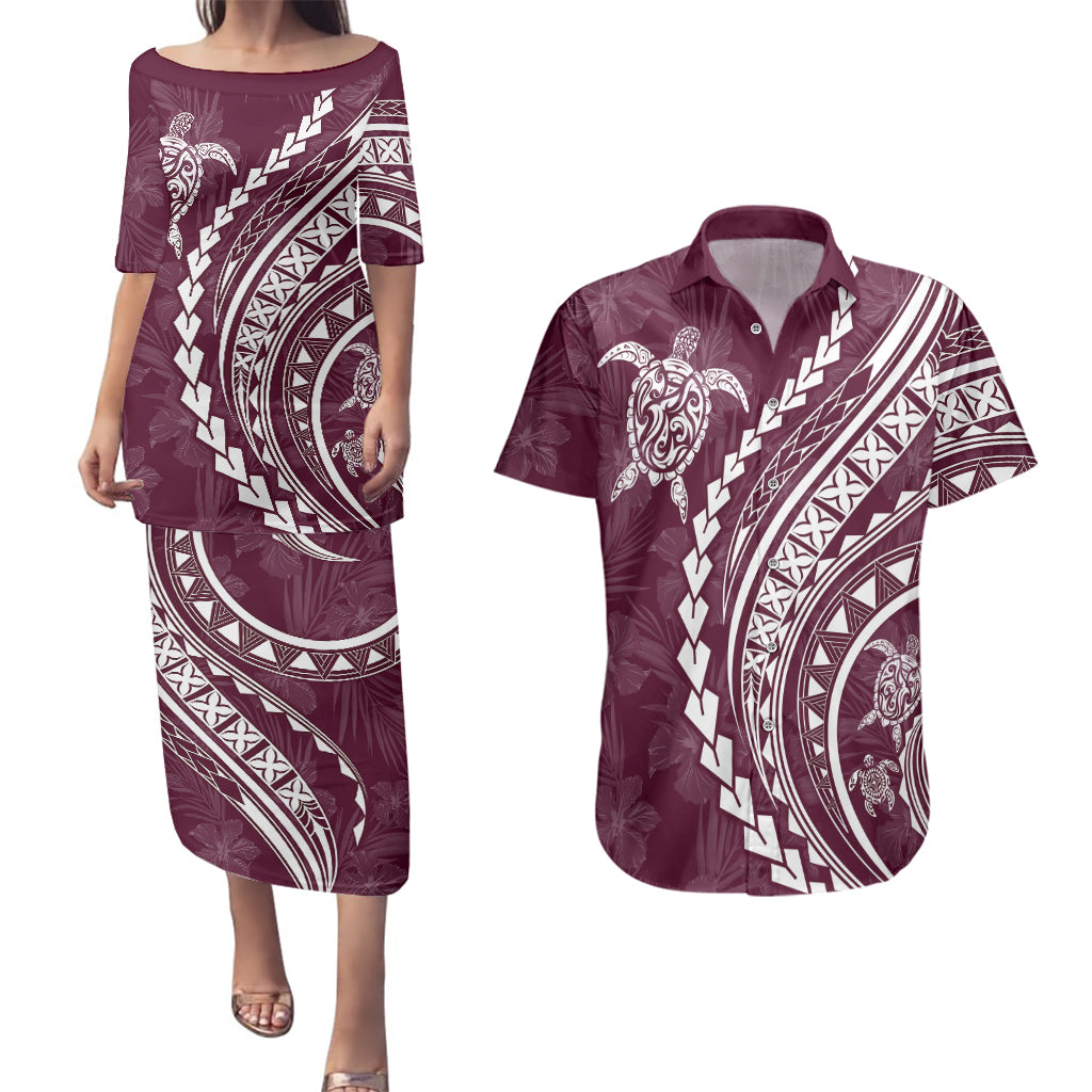 Polynesian Pride Couples Matching Puletasi Dress and Hawaiian Shirt Turtle Hibiscus Luxury Style - Champagne LT7 Champagne - Polynesian Pride