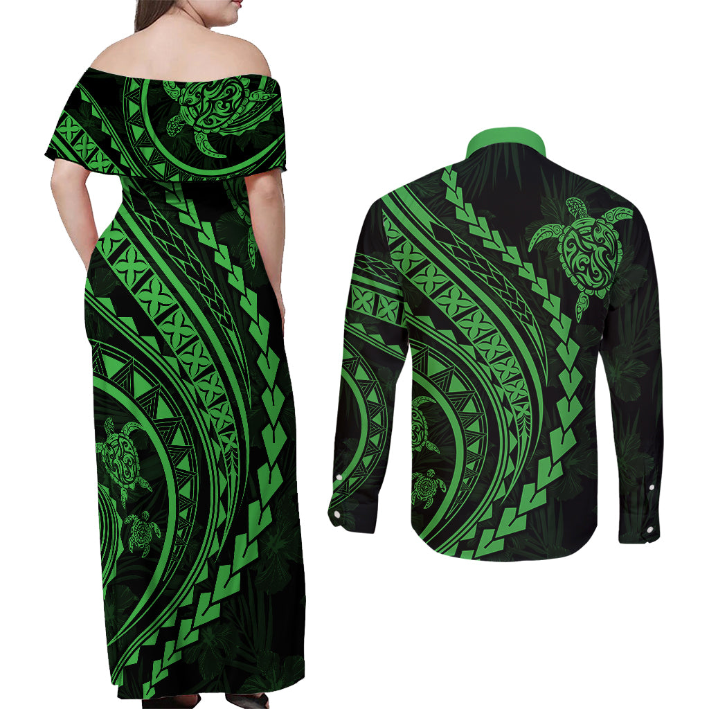 Polynesian Pride Couples Matching Off Shoulder Maxi Dress and Long Sleeve Button Shirts Turtle Hibiscus Luxury Style - Green LT7 - Polynesian Pride