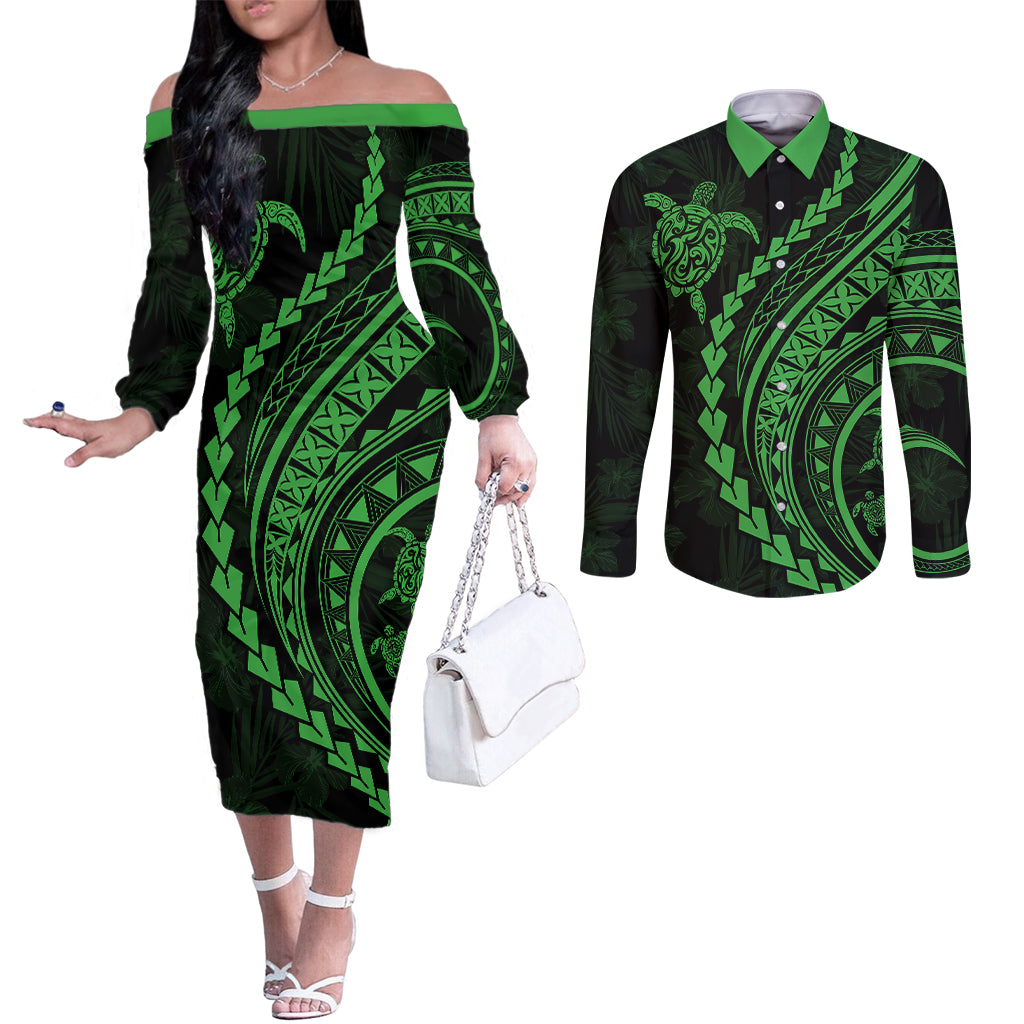 Polynesian Pride Couples Matching Off The Shoulder Long Sleeve Dress and Long Sleeve Button Shirts Turtle Hibiscus Luxury Style - Green LT7 Green - Polynesian Pride