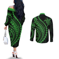 Polynesian Pride Couples Matching Off The Shoulder Long Sleeve Dress and Long Sleeve Button Shirts Turtle Hibiscus Luxury Style - Green LT7 - Polynesian Pride