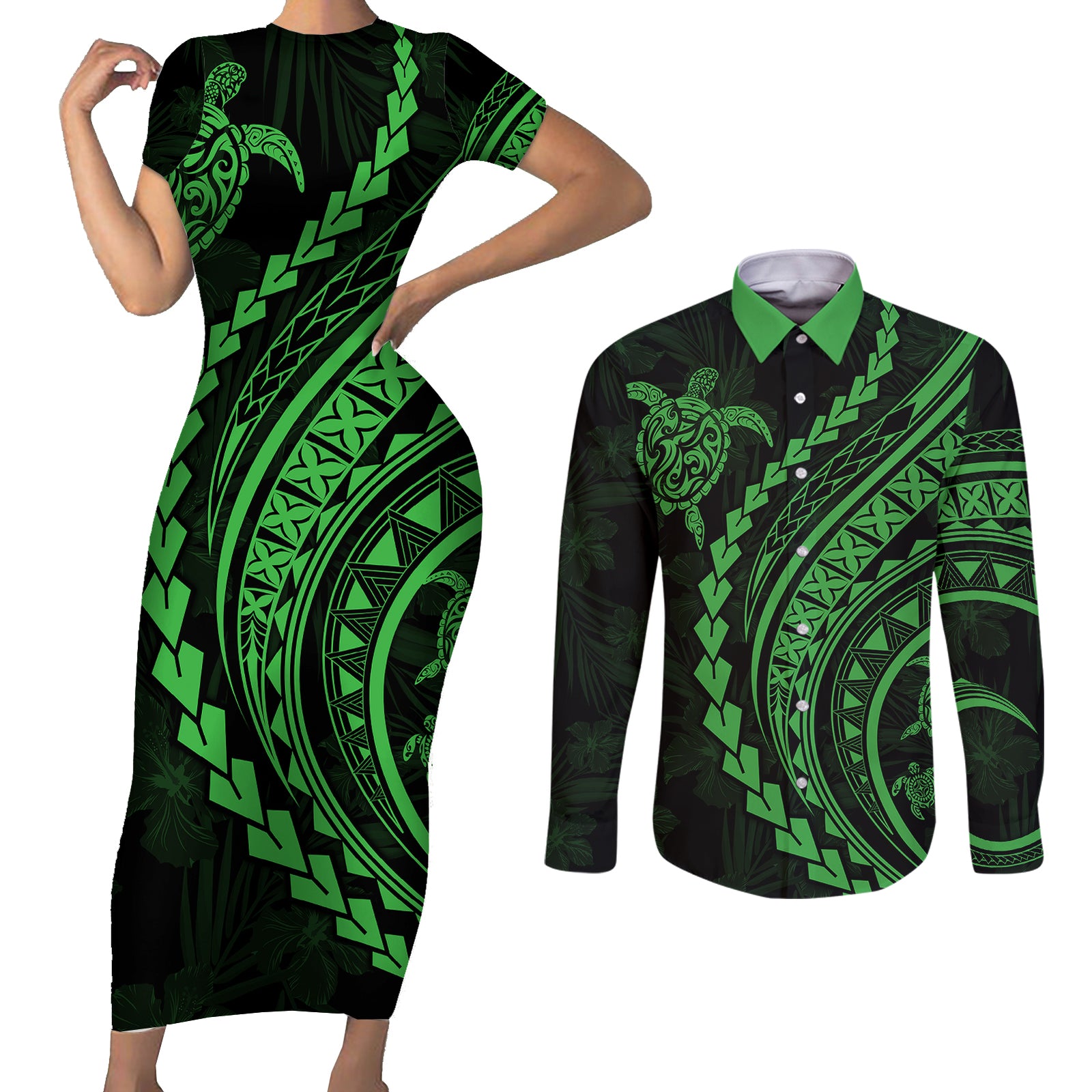 Polynesian Pride Couples Matching Short Sleeve Bodycon Dress and Long Sleeve Button Shirts Turtle Hibiscus Luxury Style - Green LT7 Green - Polynesian Pride