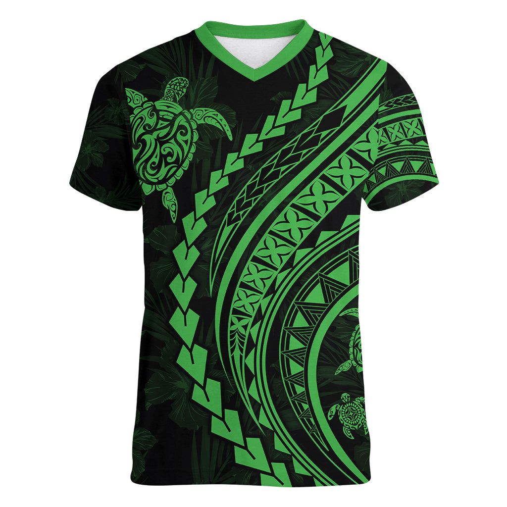 Polynesian Pride Women V Neck T Shirt Turtle Hibiscus Luxury Style - Green LT7 Female Green - Polynesian Pride
