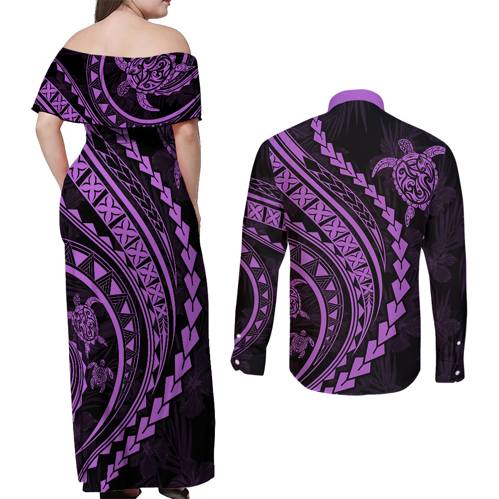 Polynesian Pride Couples Matching Off Shoulder Maxi Dress and Long Sleeve Button Shirts Turtle Hibiscus Luxury Style - Lilac LT7 - Polynesian Pride