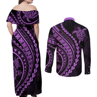 Polynesian Pride Couples Matching Off Shoulder Maxi Dress and Long Sleeve Button Shirts Turtle Hibiscus Luxury Style - Lilac LT7 - Polynesian Pride