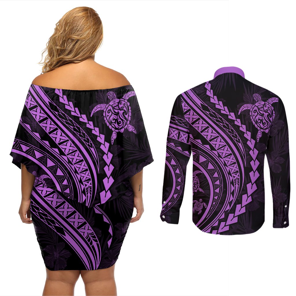 Polynesian Pride Couples Matching Off Shoulder Short Dress and Long Sleeve Button Shirts Turtle Hibiscus Luxury Style - Lilac LT7 - Polynesian Pride