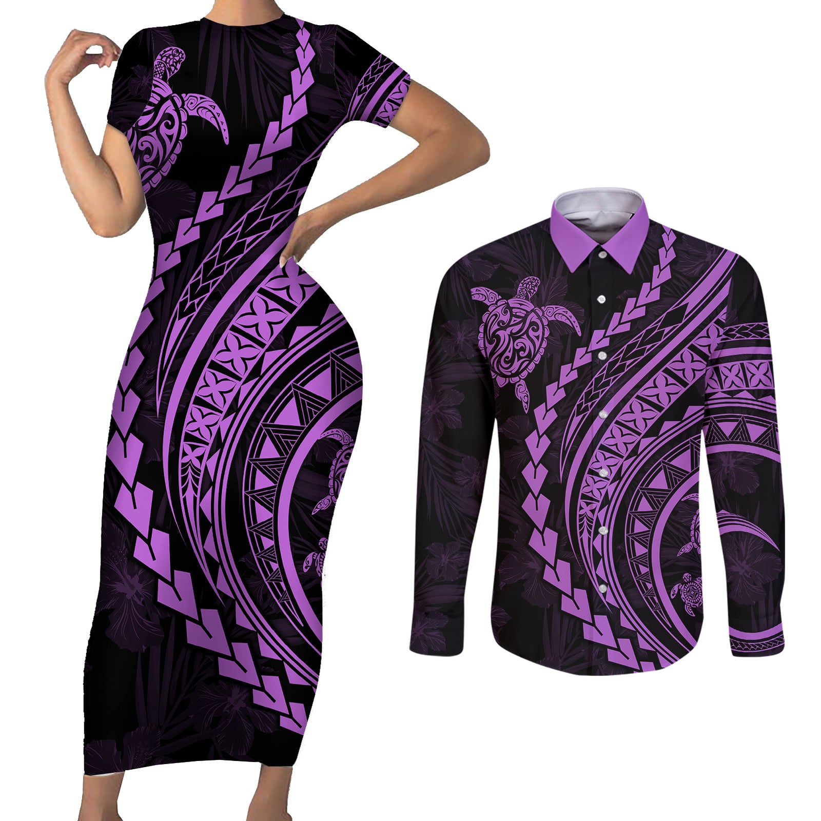 Polynesian Pride Couples Matching Short Sleeve Bodycon Dress and Long Sleeve Button Shirts Turtle Hibiscus Luxury Style - Lilac LT7 Lilac - Polynesian Pride