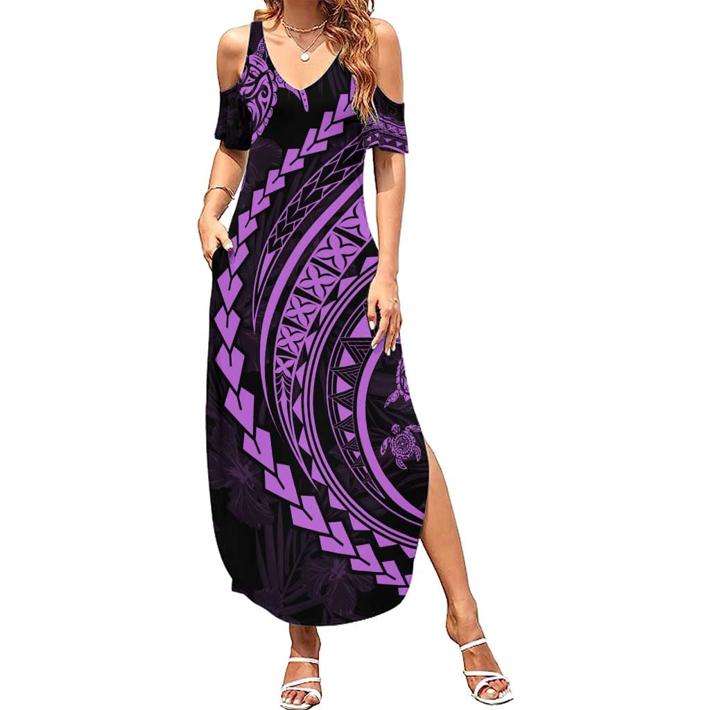 Hawaii Family Matching Outfits Polynesian Pride Summer Maxi Dress And Shirt Family Set Clothes Turtle Hibiscus Luxury Style - Lilac LT7 Mom's Dress Purple - Polynesian Pride