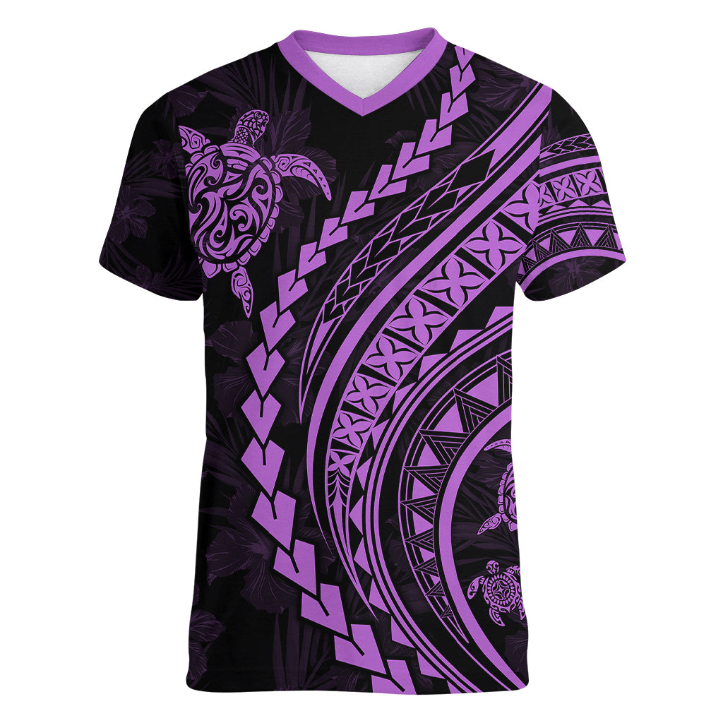 Polynesian Pride Women V Neck T Shirt Turtle Hibiscus Luxury Style - Lilac LT7 Female Lilac - Polynesian Pride