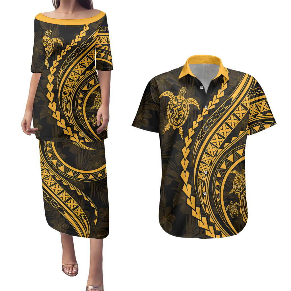 Polynesian Pride Couples Matching Puletasi Dress and Hawaiian Shirt Turtle Hibiscus Luxury Style - Merigold LT7 Merigold - Polynesian Pride