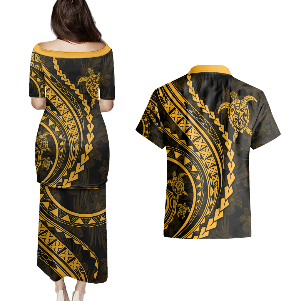 Polynesian Pride Couples Matching Puletasi Dress and Hawaiian Shirt Turtle Hibiscus Luxury Style - Merigold LT7 - Polynesian Pride
