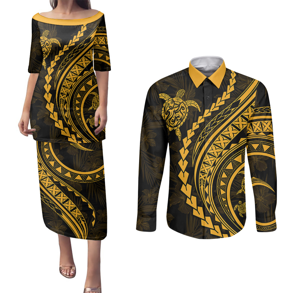Polynesian Pride Couples Matching Puletasi Dress and Long Sleeve Button Shirts Turtle Hibiscus Luxury Style - Merigold LT7 Merigold - Polynesian Pride