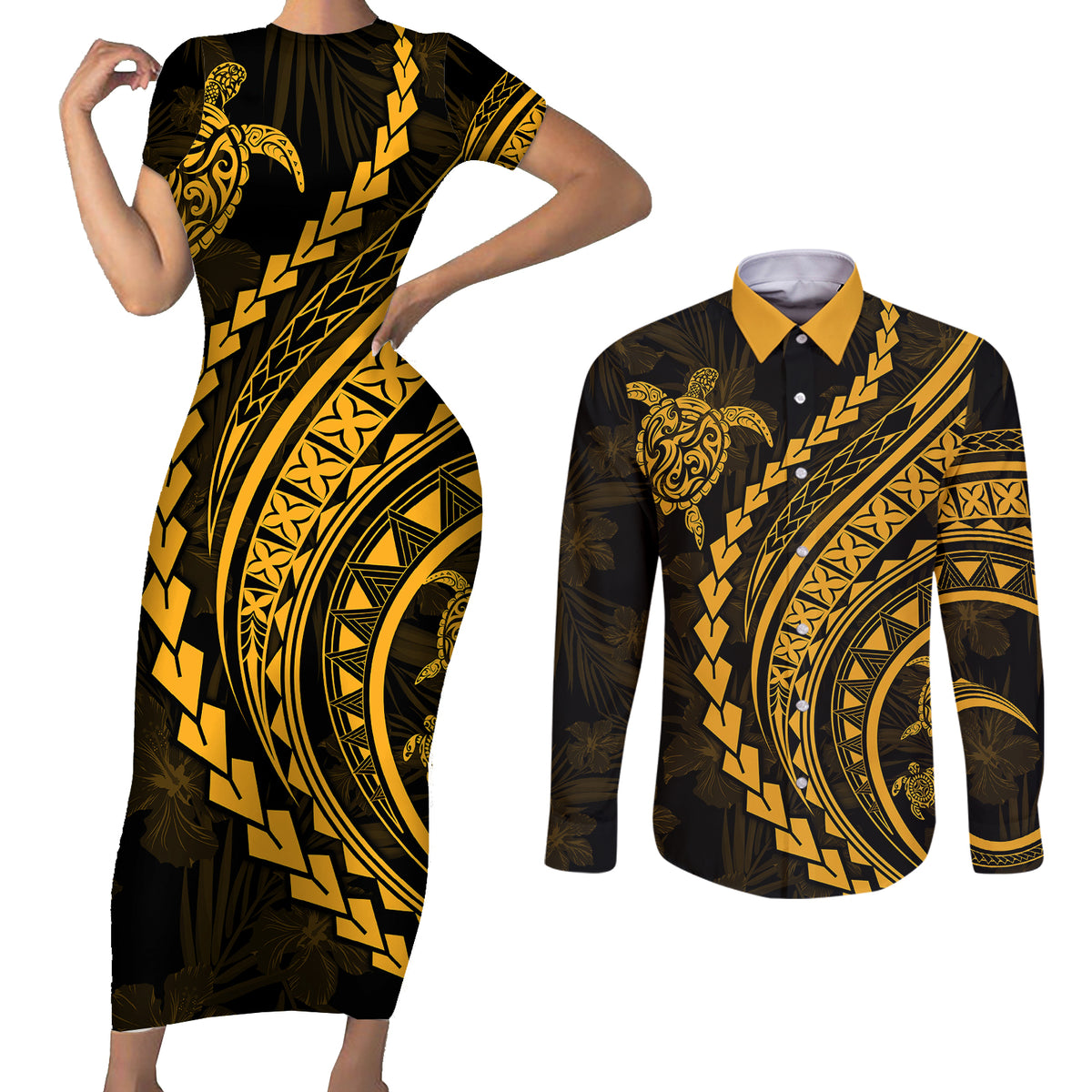 Polynesian Pride Couples Matching Short Sleeve Bodycon Dress and Long Sleeve Button Shirts Turtle Hibiscus Luxury Style - Merigold LT7 Merigold - Polynesian Pride