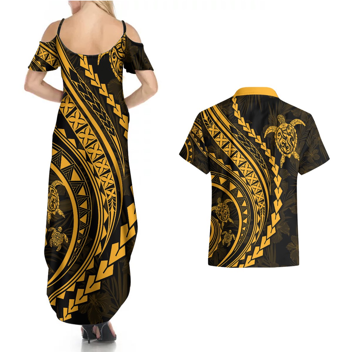 Polynesian Pride Couples Matching Summer Maxi Dress and Hawaiian Shirt Turtle Hibiscus Luxury Style - Merigold LT7 - Polynesian Pride