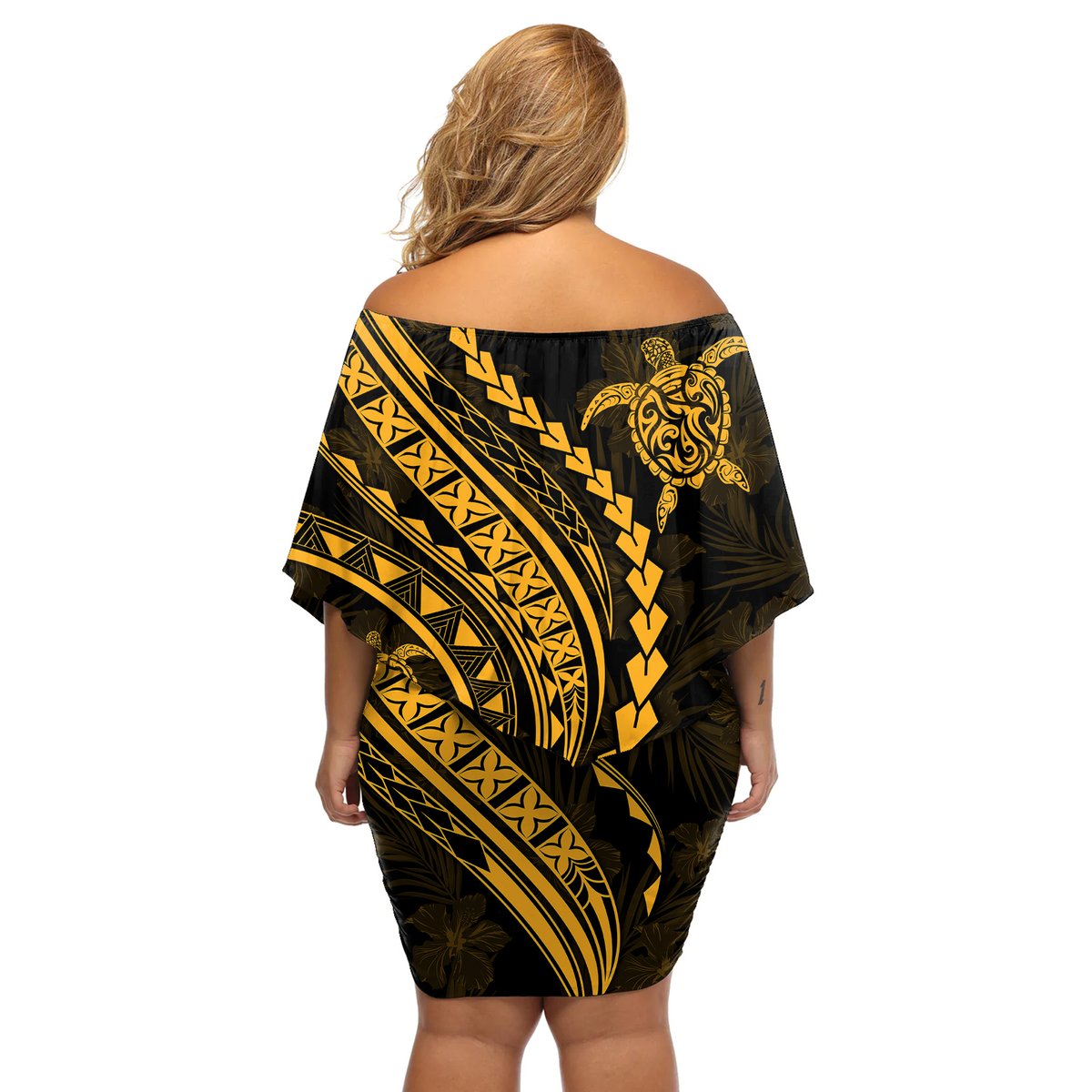 Polynesian Pride Off Shoulder Short Dress Turtle Hibiscus Luxury Style - Merigold LT7 - Polynesian Pride