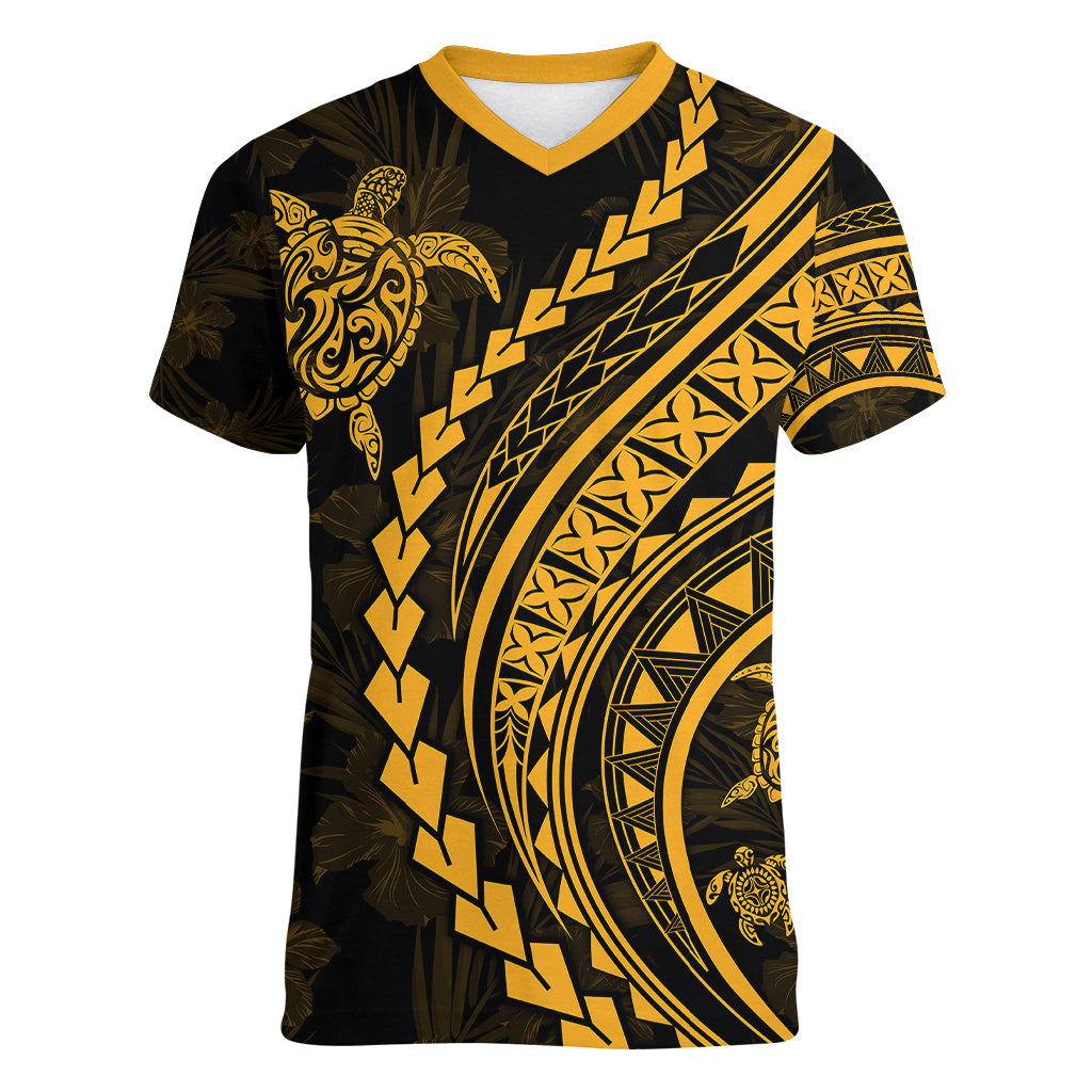Polynesian Pride Women V Neck T Shirt Turtle Hibiscus Luxury Style - Merigold LT7 Female Merigold - Polynesian Pride