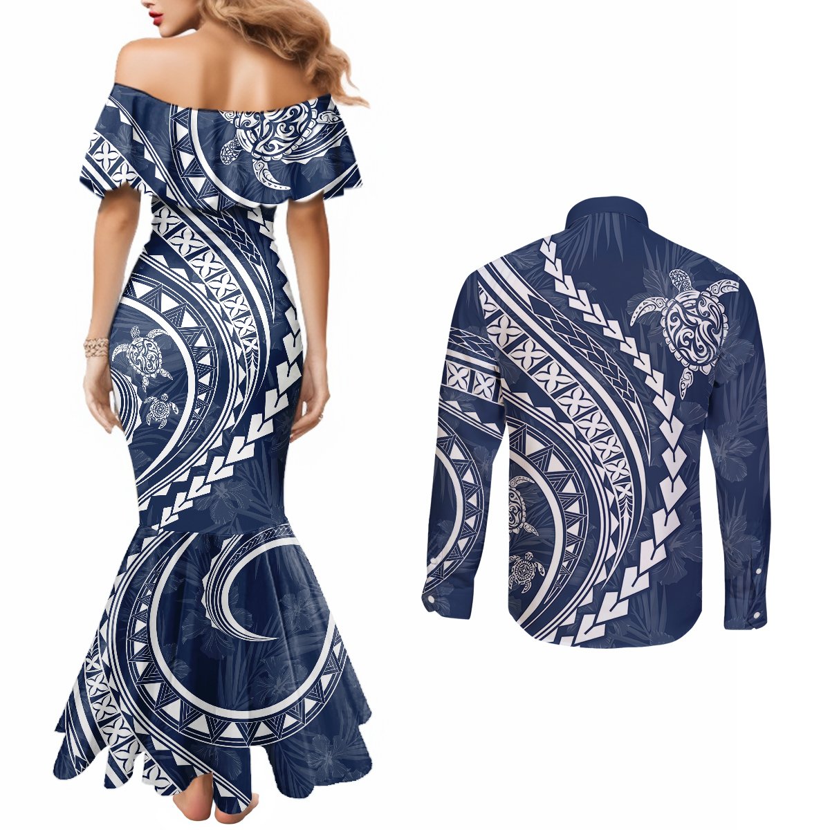 Polynesian Pride Couples Matching Mermaid Dress and Long Sleeve Button Shirts Turtle Hibiscus Luxury Style - Navy LT7 - Polynesian Pride