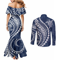 Polynesian Pride Couples Matching Mermaid Dress and Long Sleeve Button Shirts Turtle Hibiscus Luxury Style - Navy LT7 - Polynesian Pride