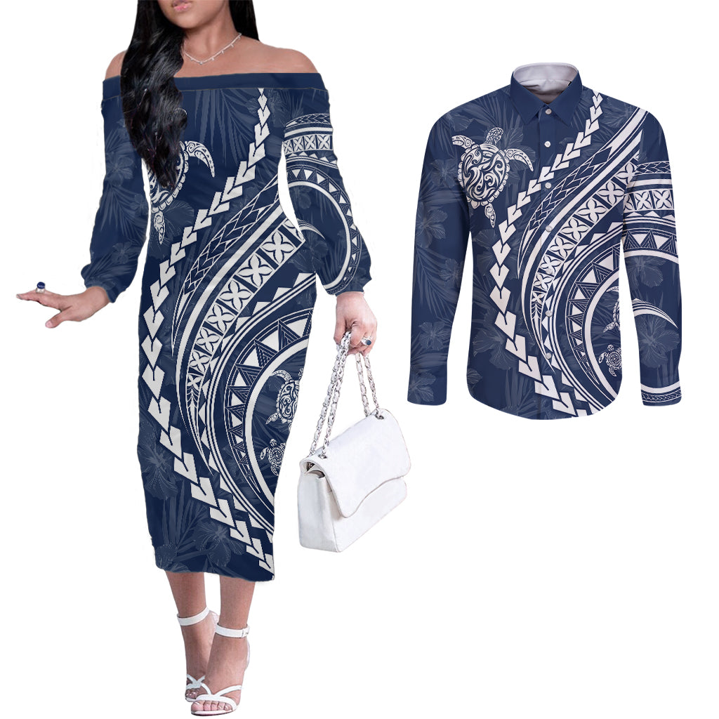 Polynesian Pride Couples Matching Off The Shoulder Long Sleeve Dress and Long Sleeve Button Shirts Turtle Hibiscus Luxury Style - Navy LT7 Navy - Polynesian Pride