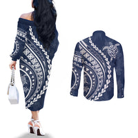 Polynesian Pride Couples Matching Off The Shoulder Long Sleeve Dress and Long Sleeve Button Shirts Turtle Hibiscus Luxury Style - Navy LT7 - Polynesian Pride