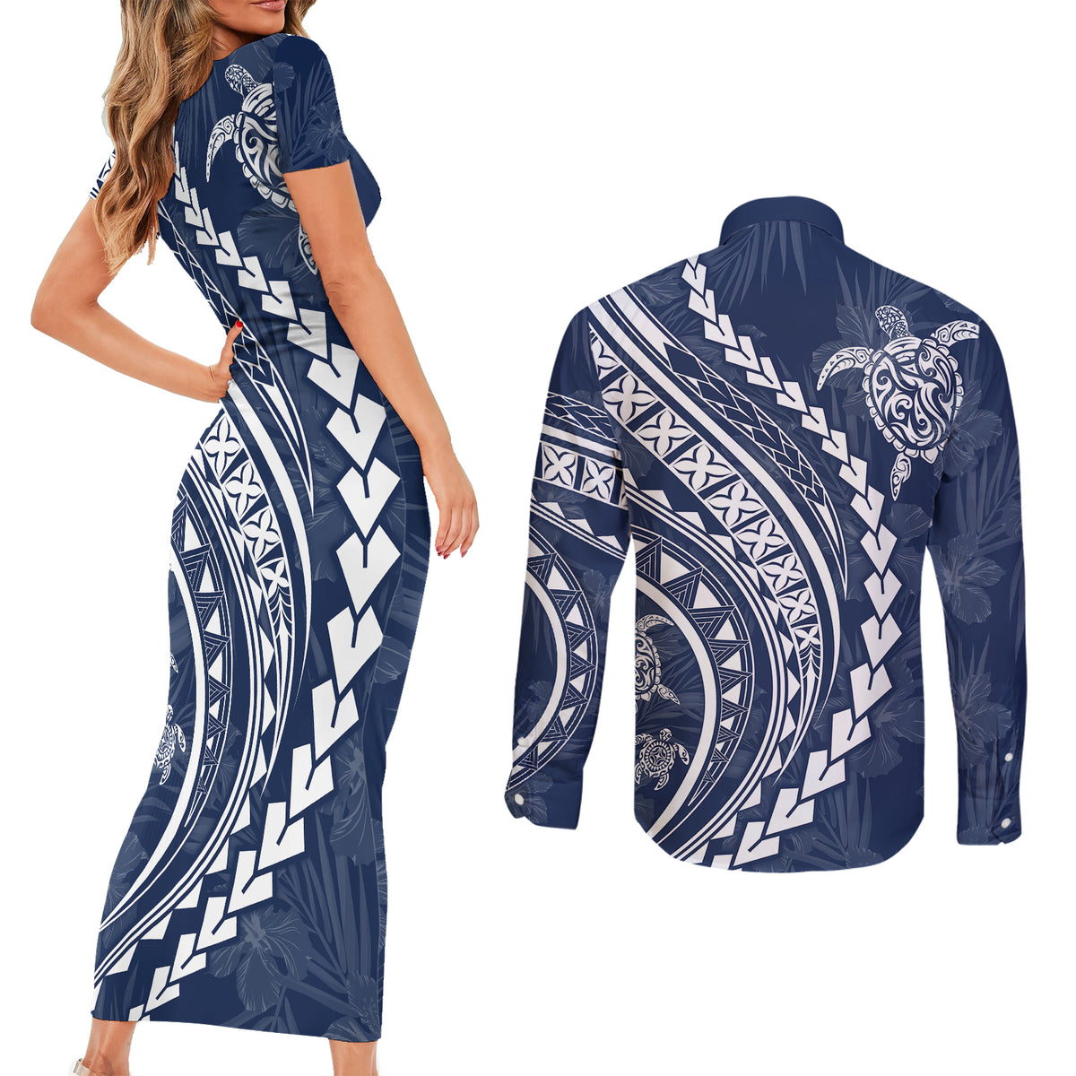 Polynesian Pride Couples Matching Short Sleeve Bodycon Dress and Long Sleeve Button Shirts Turtle Hibiscus Luxury Style - Navy LT7 - Polynesian Pride