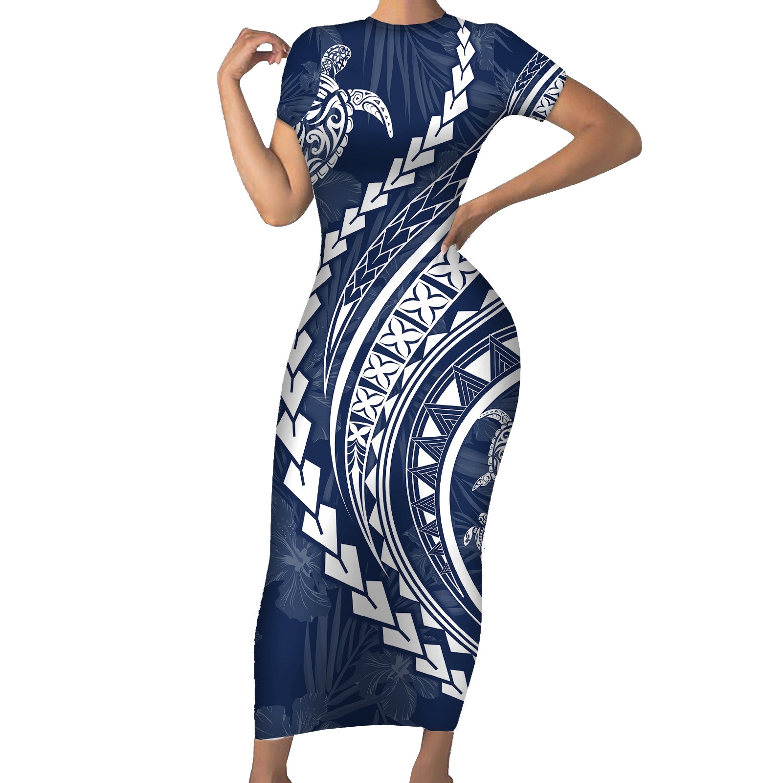 Polynesian Pride Short Sleeve Bodycon Dress Turtle Hibiscus Luxury Style - Navy LT7 Long Dress Navy - Polynesian Pride