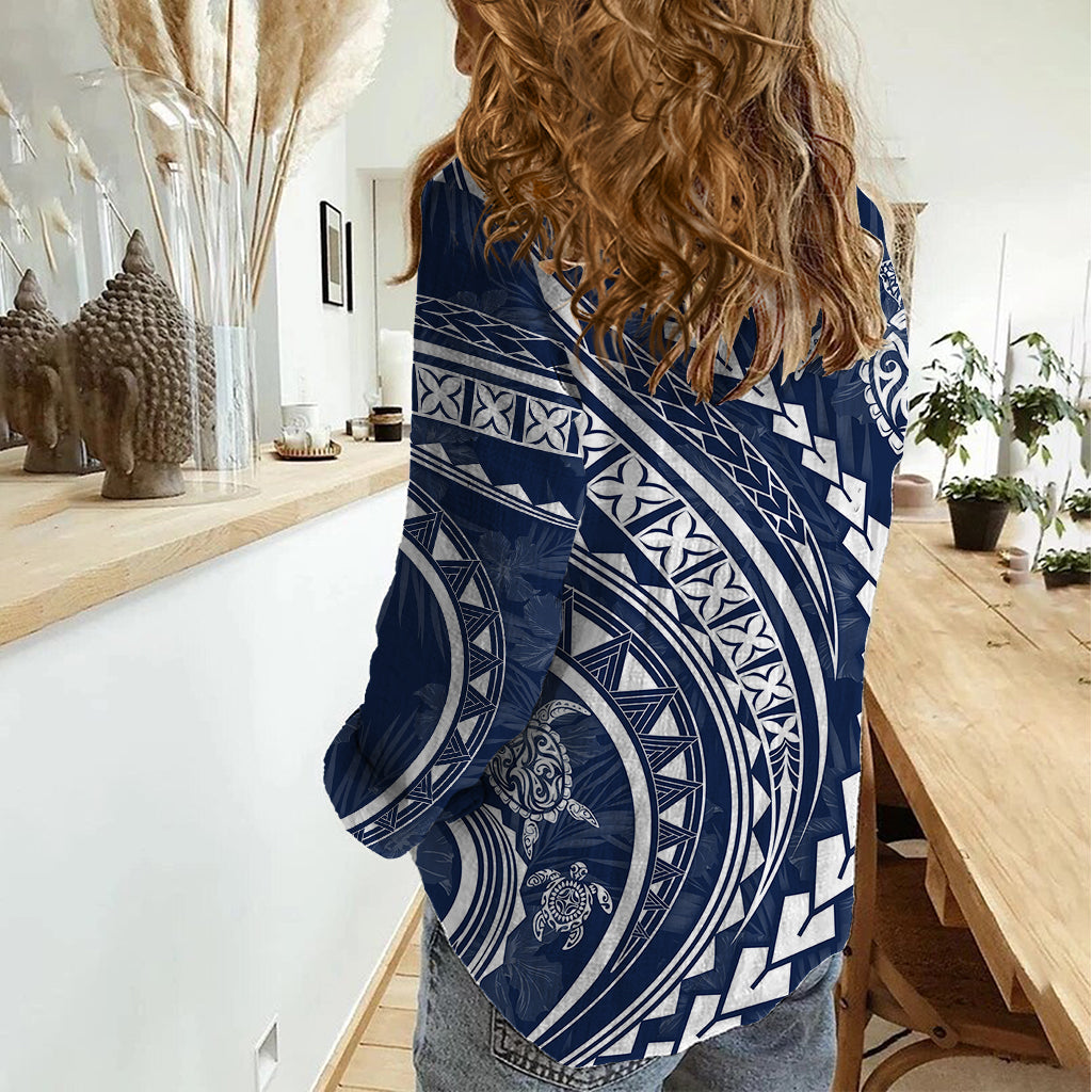 Polynesian Pride Women Casual Shirt Turtle Hibiscus Luxury Style - Navy LT7 - Polynesian Pride