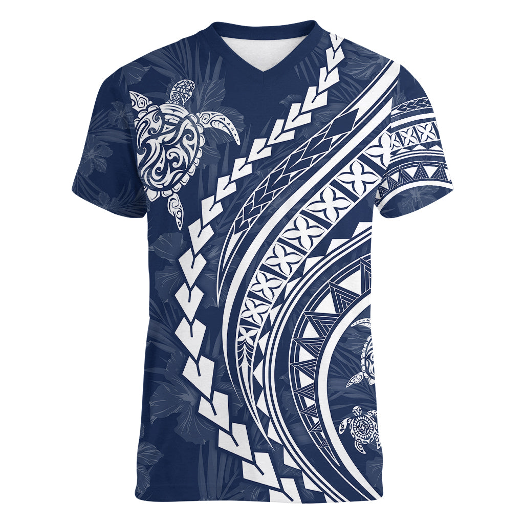 Polynesian Pride Women V Neck T Shirt Turtle Hibiscus Luxury Style - Navy LT7 Female Navy - Polynesian Pride
